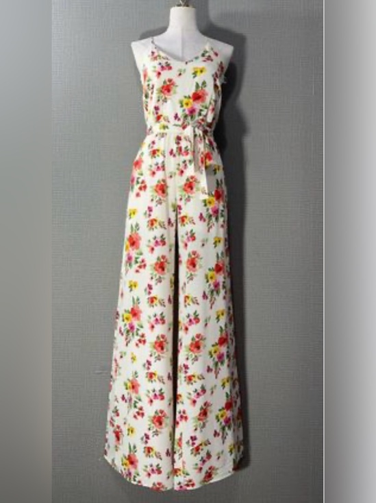One Clothing Los Angeles Pants - White Floral Wide-Leg Jumpsuit by One Clothing Los Angeles